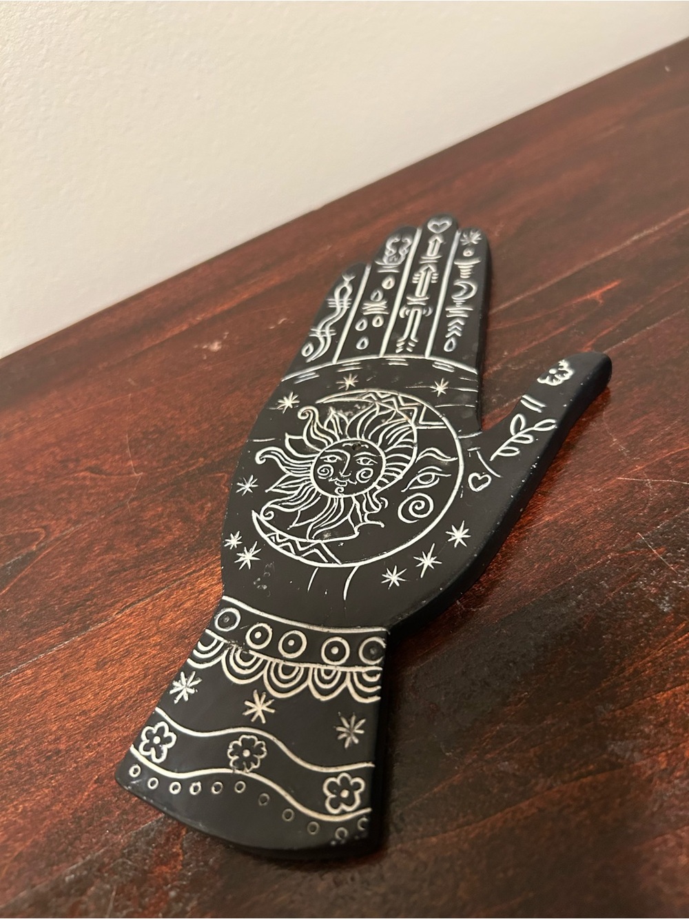 Witchy Celestial Hand Painted Sun and Moon Hamsa Hand Incense Holder